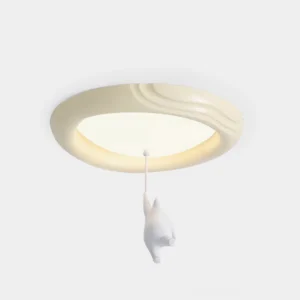 Whimsical bear ceiling light fixture with frosted glass diffuser and matte off-white resin finish, studio front view