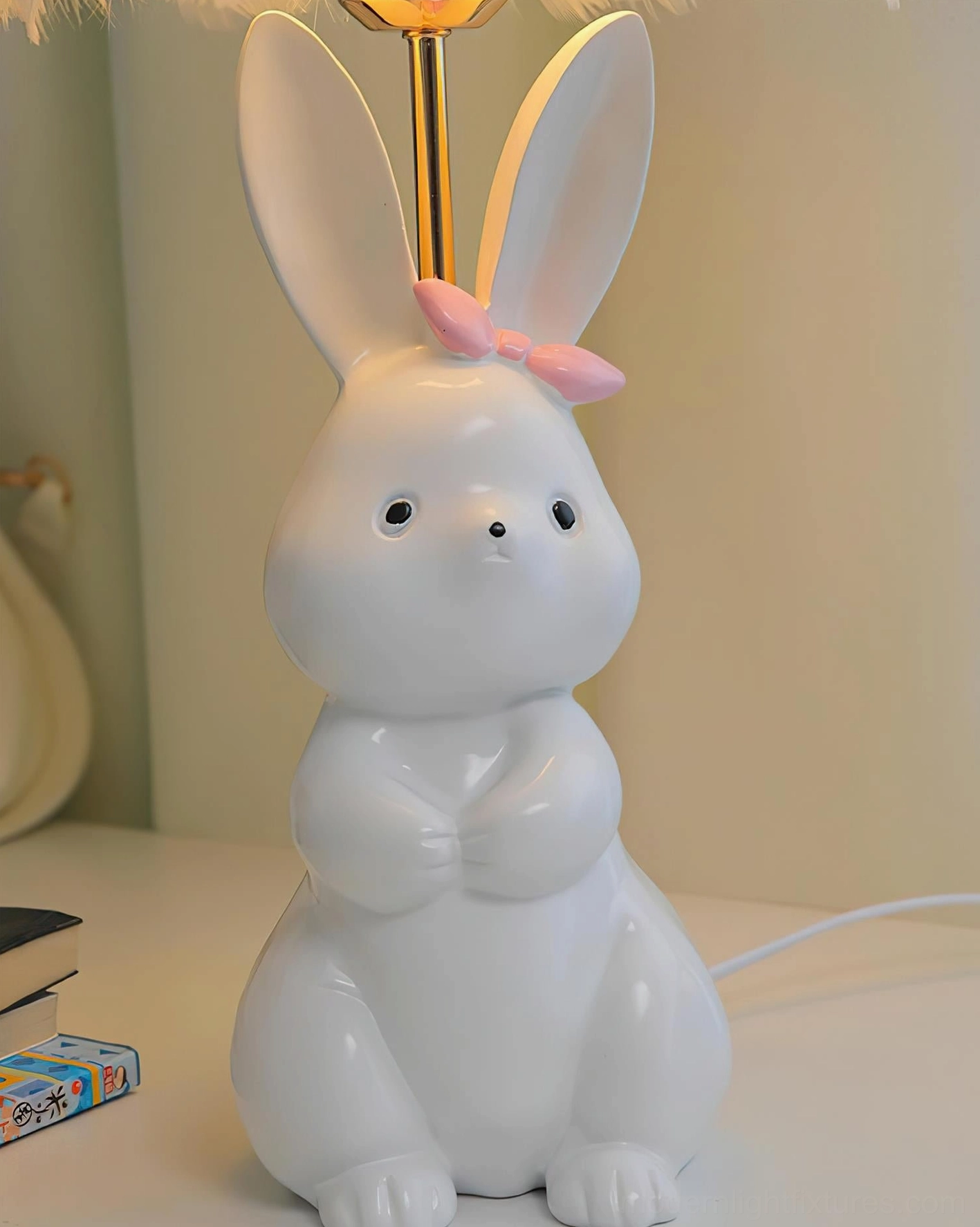 Whimsical bunny table lamp in soft pastels with feather shade - decorative kids bedroom fixture