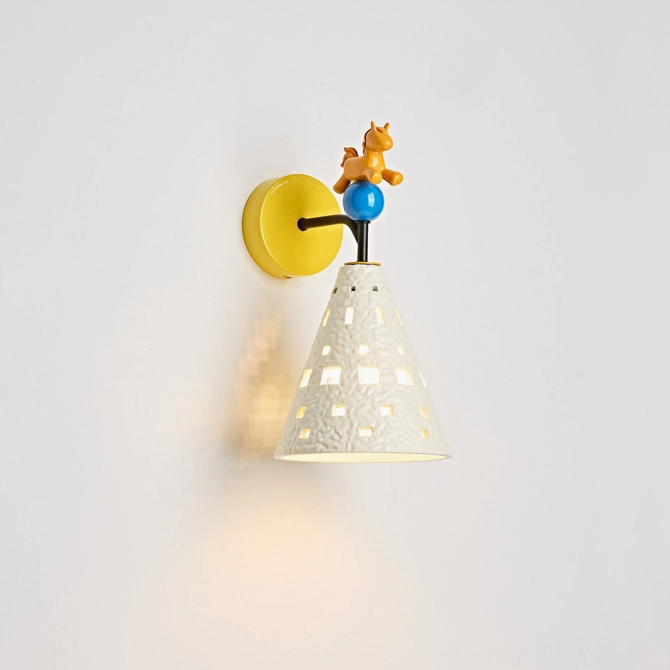 Whimsical pony wall sconce yellow blue beige color combination sculptural lighting fixture