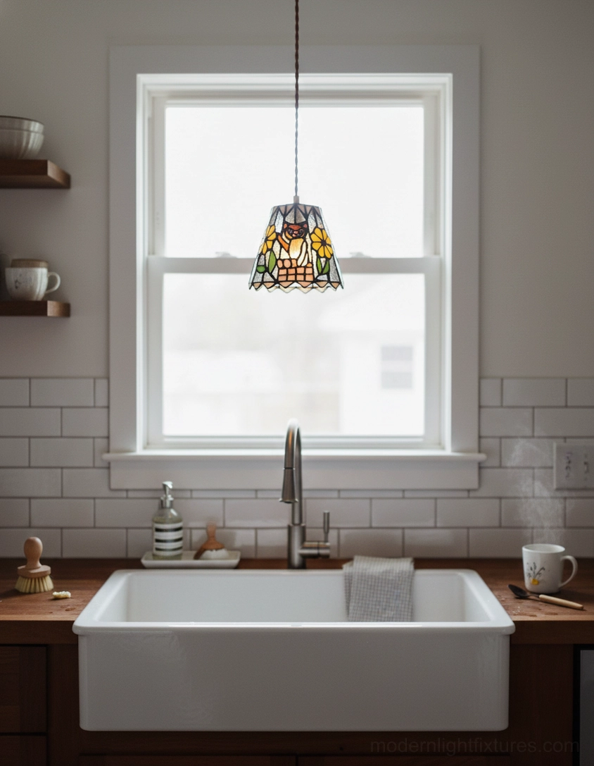 Handcrafted stained glass pendant light with whimsical animal and botanical patterns overhead view