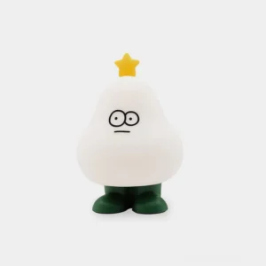 Whimsical tree night light with glowing star, white matte finish with green feet and yellow star crown against white studio background