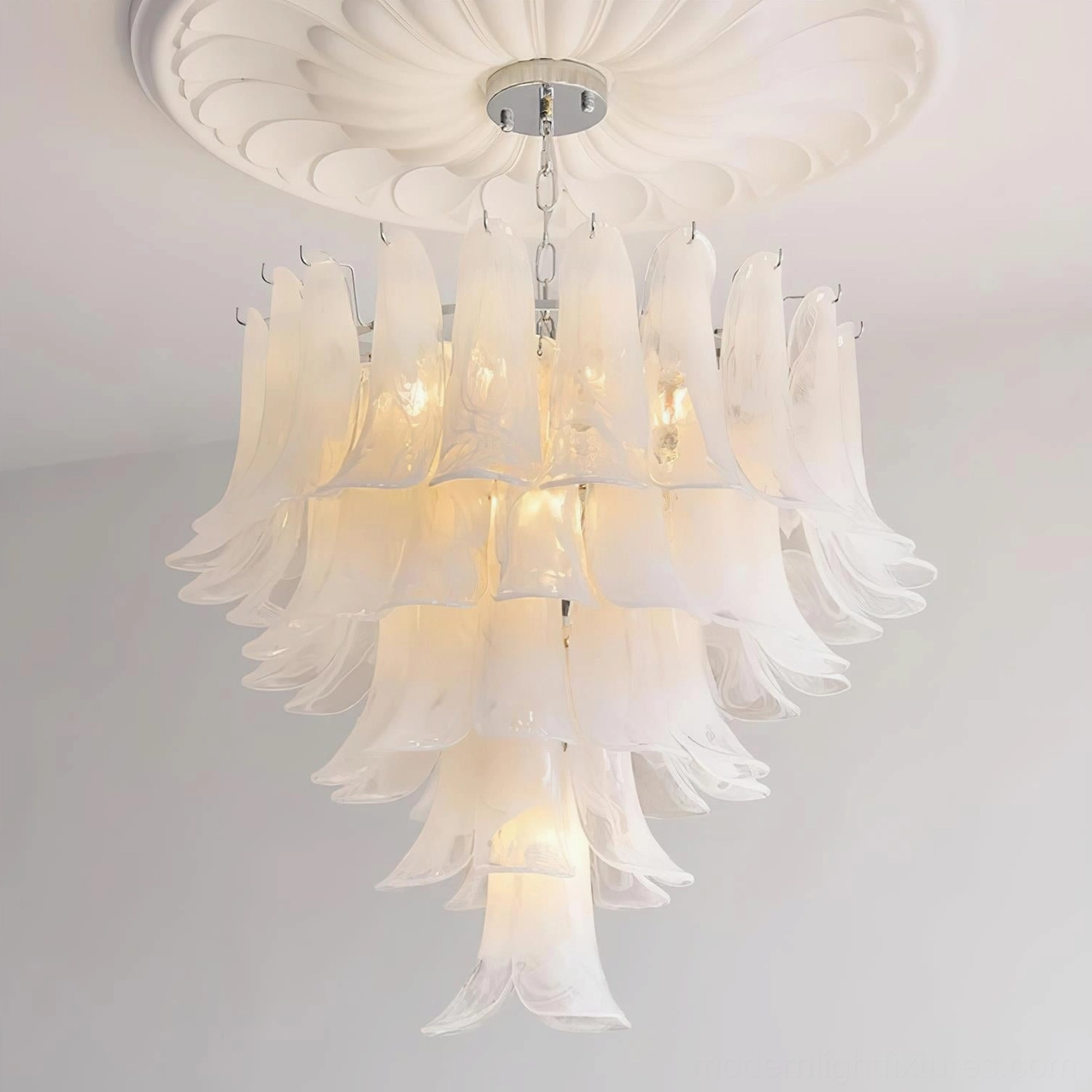 White hand-blown petal chandelier 5-layer showing soft light transmission through glass