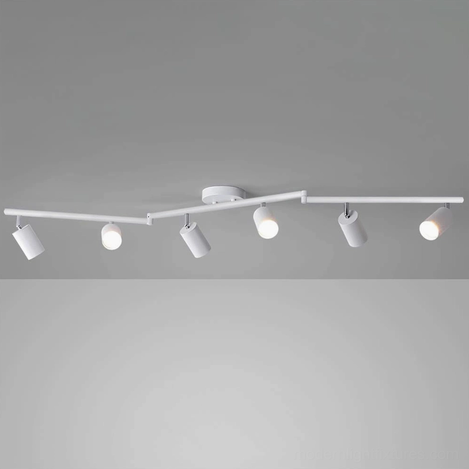 White 6-head adjustable track ceiling light system, front view showing multiple directional spotlight heads