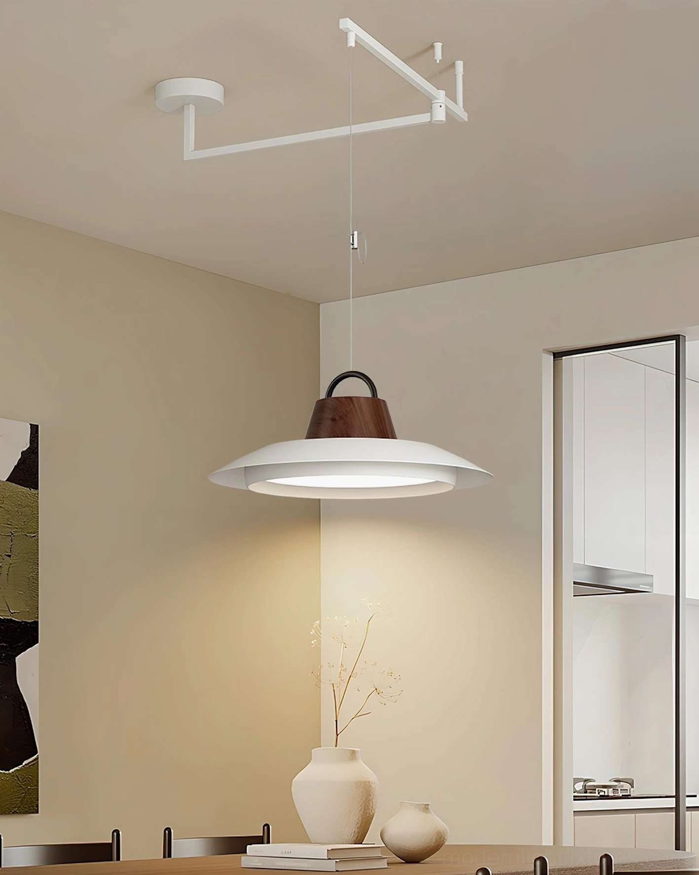 Modern white adjustable pendant light in minimalist wabi-sabi dining interior with neutral decor