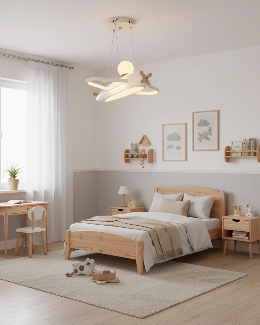 White modern airplane pendant lamp hanging above wooden bed with gallery wall art in neutral tone children's bedroom