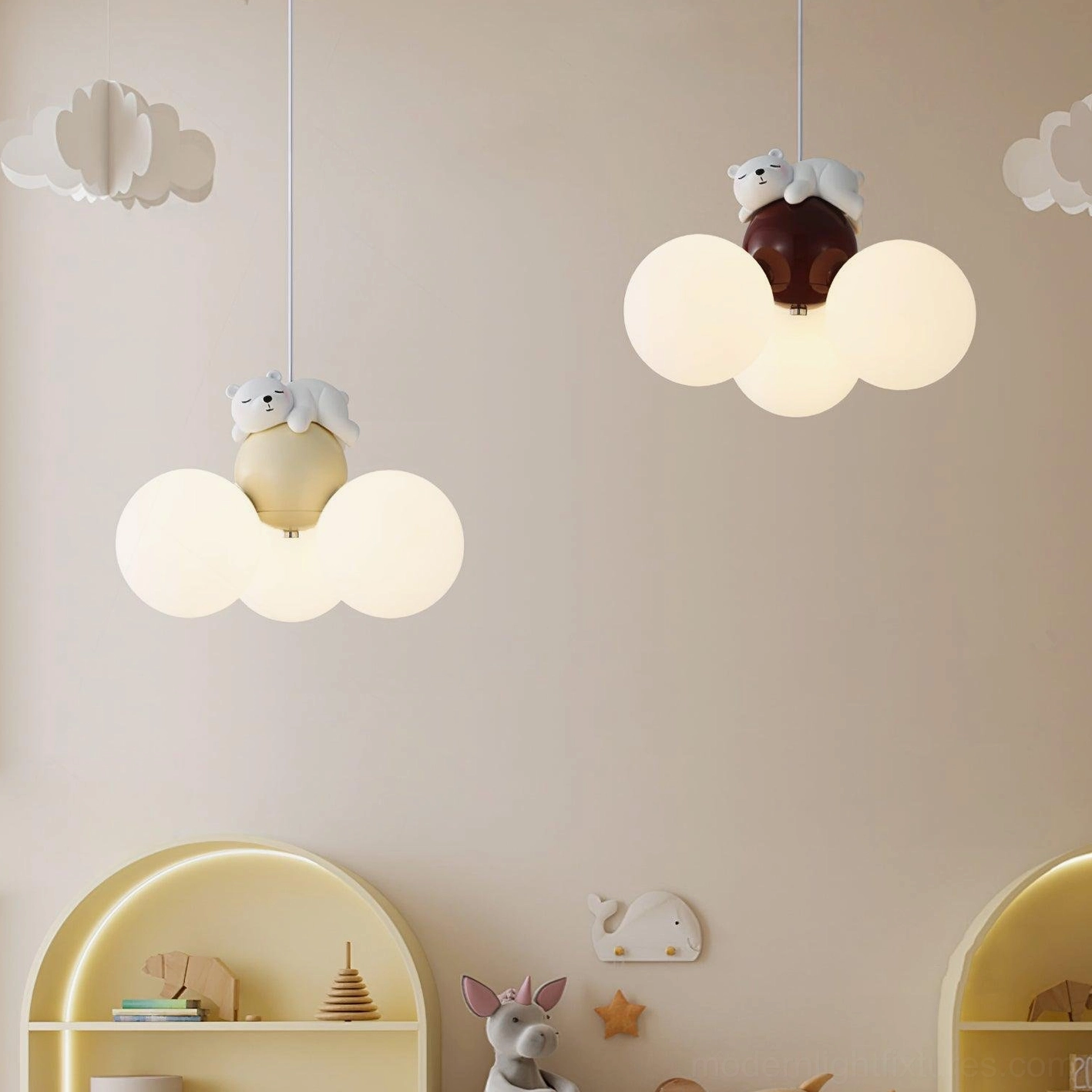 White frosted glass pendant lamp with animal ornament and metal suspension hardware