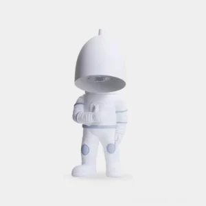 Modern white astronaut candle warmer table lamp with matte resin finish on plain background