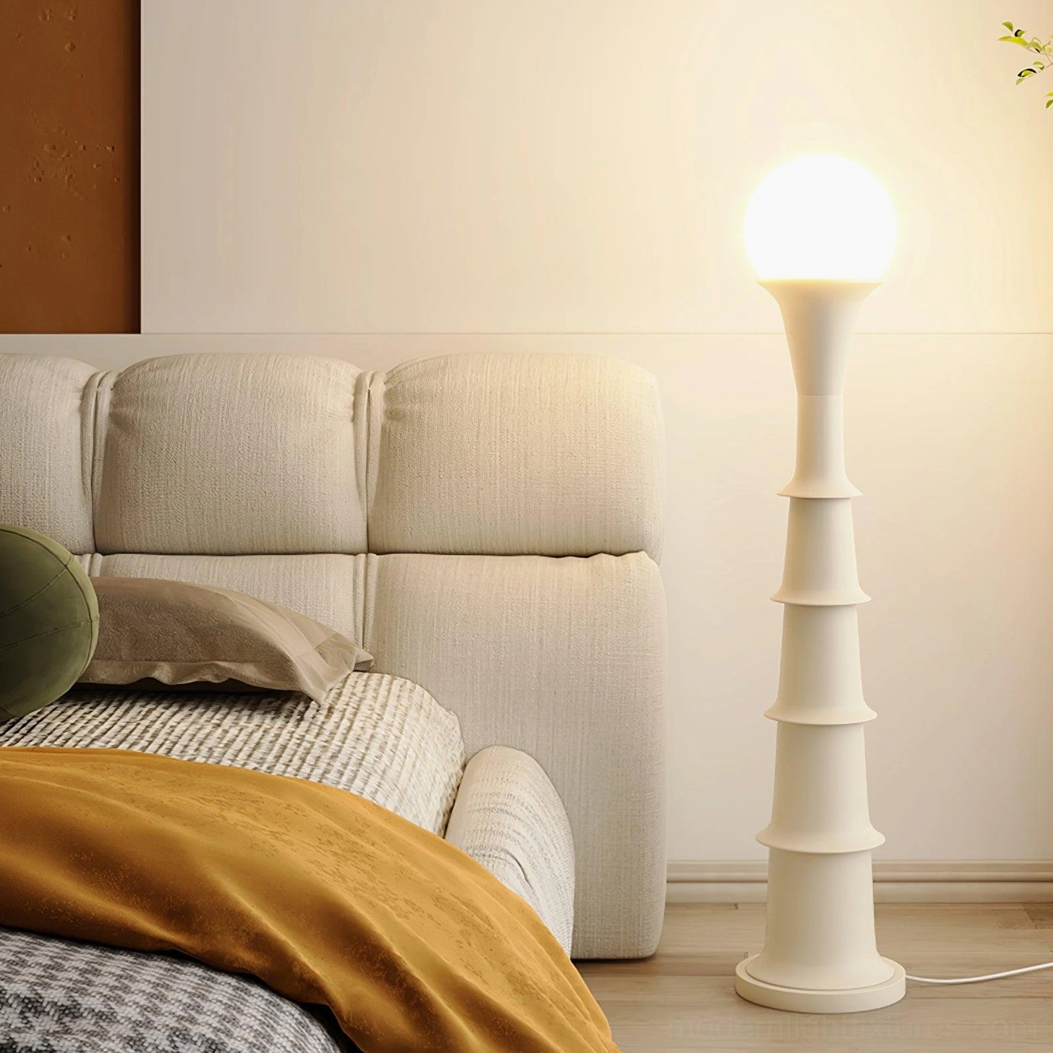 White minimalist bamboo joint floor lamp three-quarter side view in neutral bedroom, soft lighting ambiance
