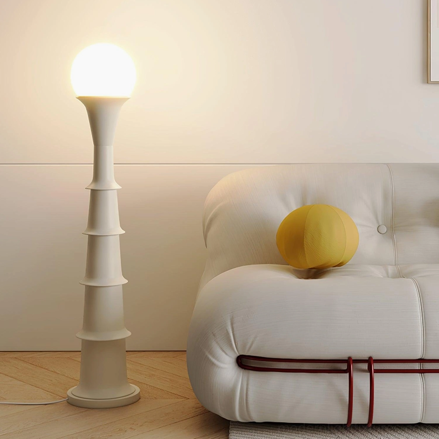 White off-white bamboo joint floor lamp complete view with tiered column segments and spherical light head