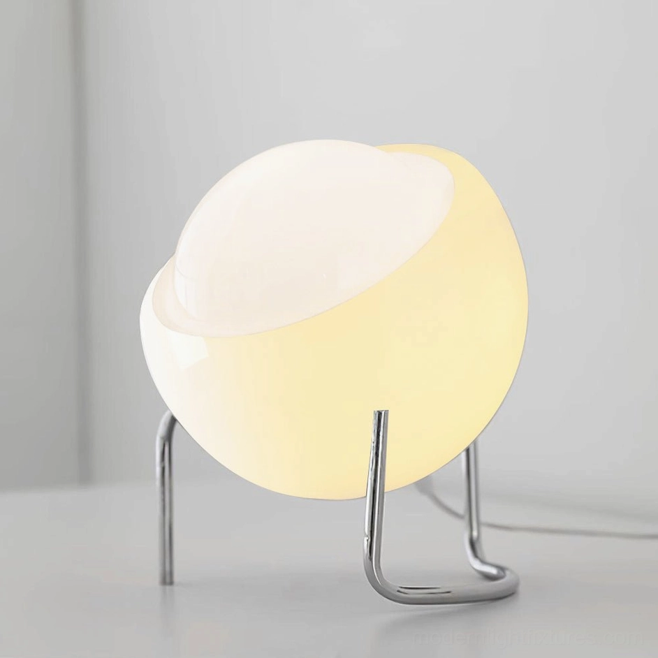 White Bauhaus dome table lamp with smooth glass shade and curved chrome metal base, minimalist
