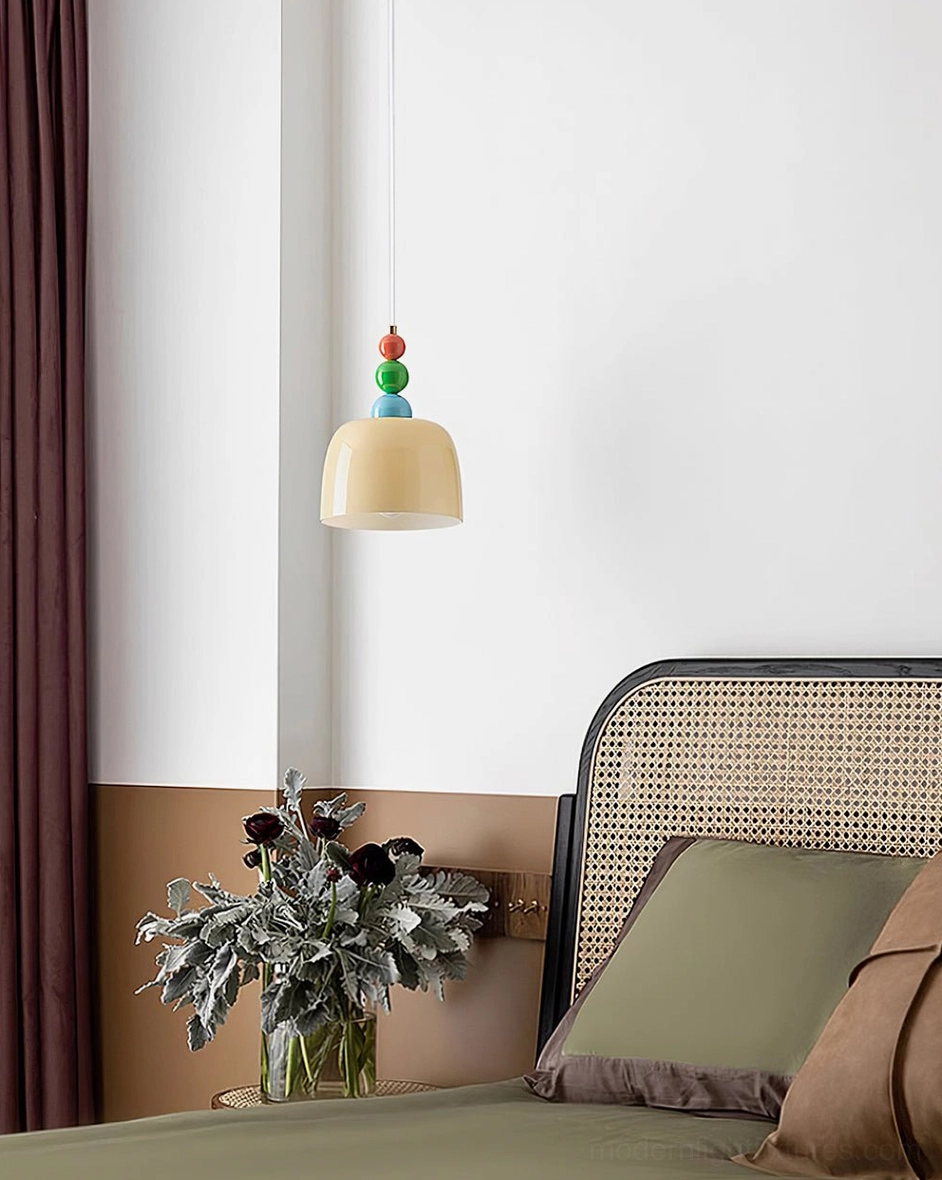 White beaded pendant lamp with frosted glass shade for modern bedroom lighting