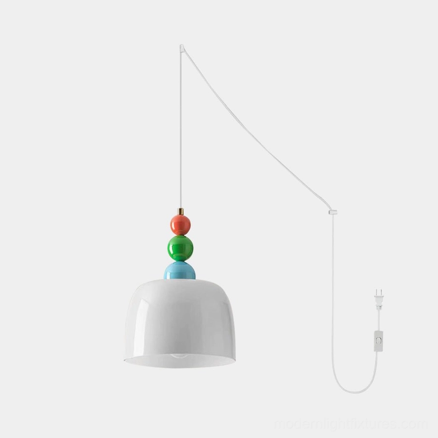 White finish beaded pendant lamp ready for installation with adjustable wire
