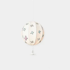 Jupiter bird pendant lamp with colorful bird print fabric sphere and white ceramic dove ornament, modern minimalist style lighting fixture