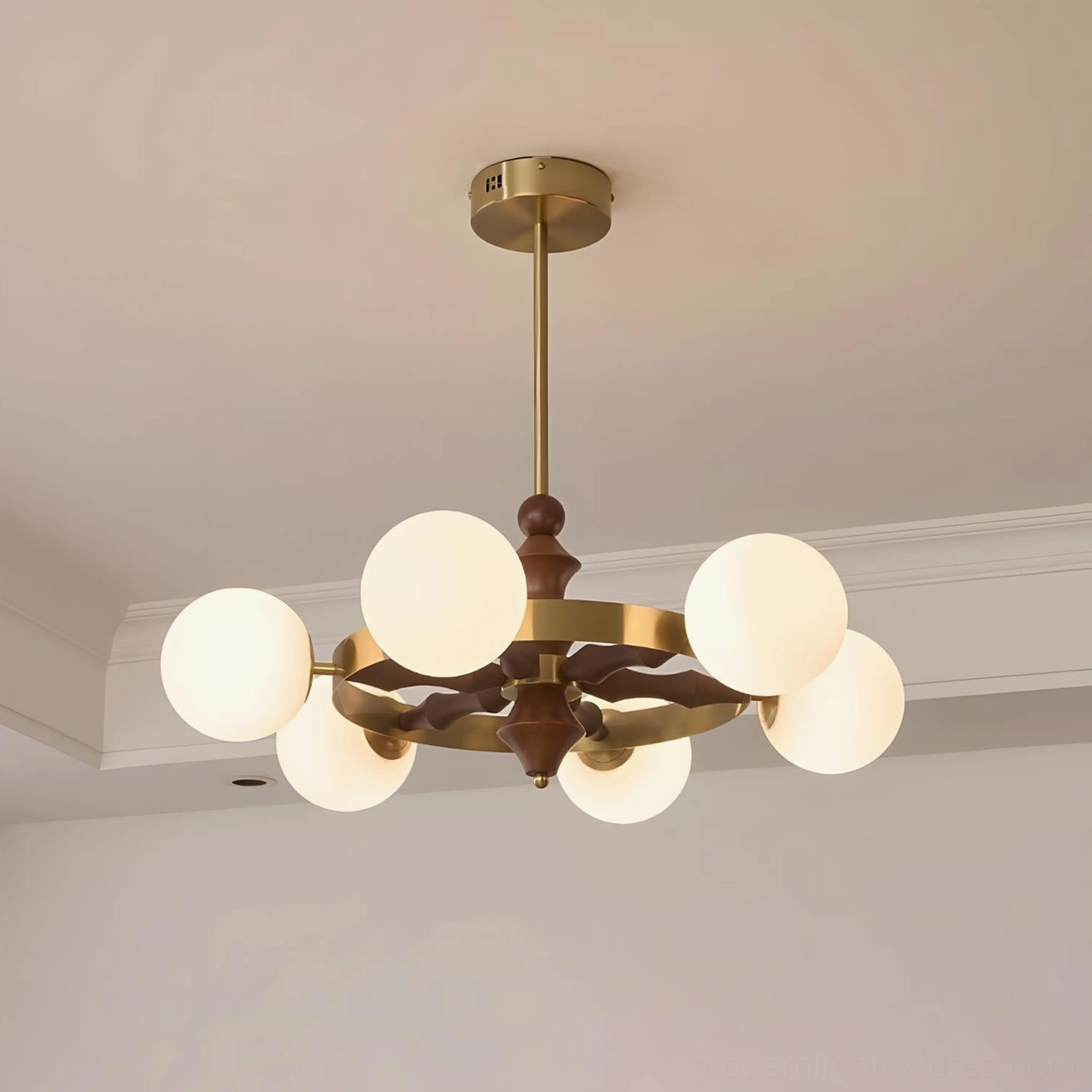 White and brass mid-century modern glass globe chandelier bright ambient lighting display