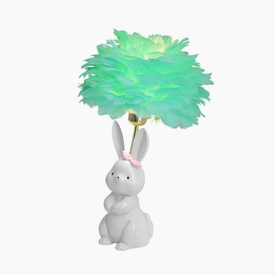 White pastel bunny ceramic lamp with green feather shade - eco-friendly children's table lighting