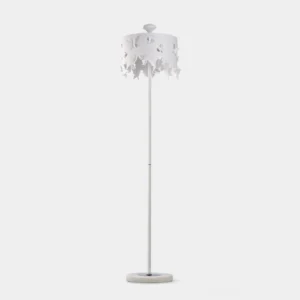 Lunefly butterfly floor lamp with white metal finish and marble base, full frontal studio view showing cut-out butterfly shade design