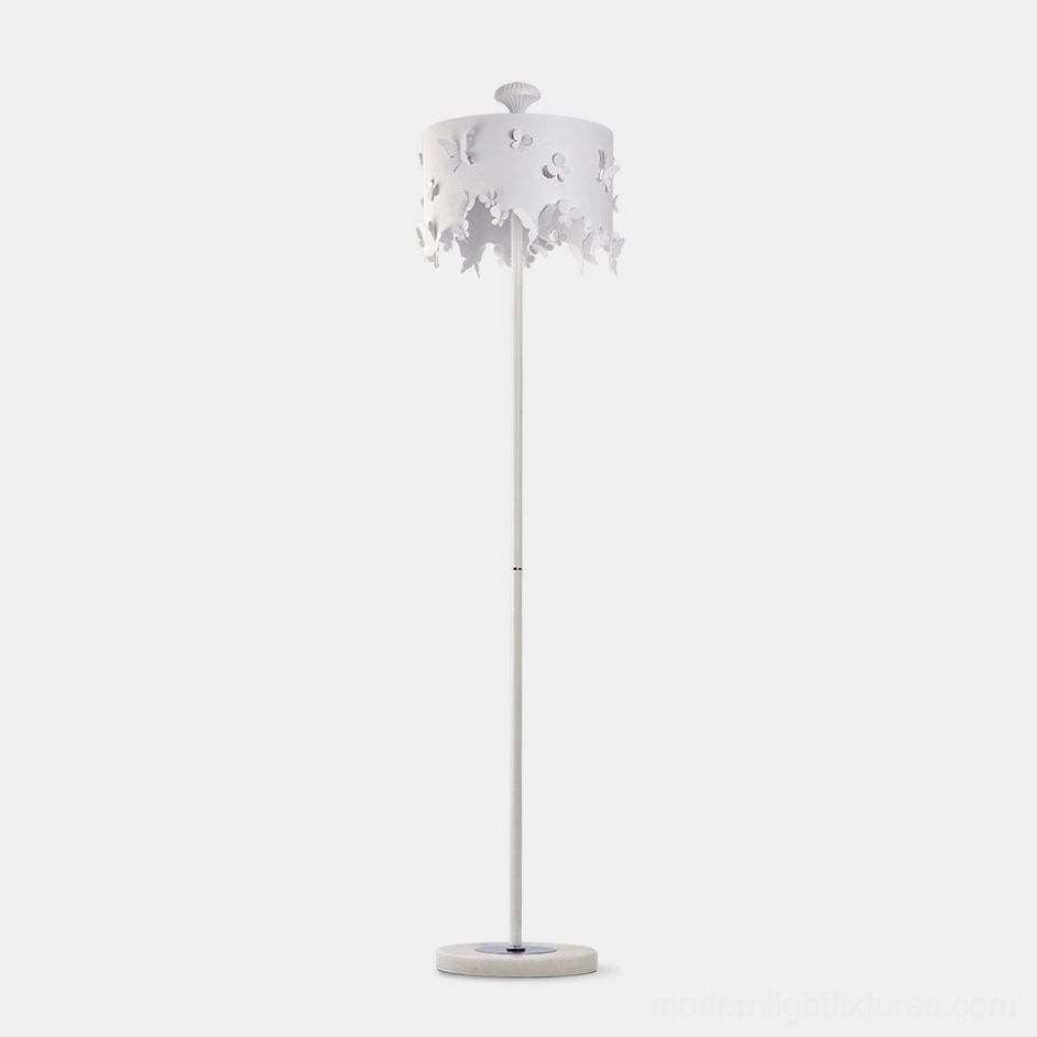Lunefly butterfly floor lamp with white metal finish and marble base, full frontal studio view showing cut-out butterfly shade design