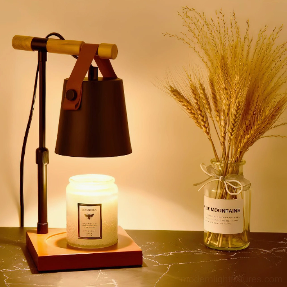White candle warmer lamp with natural wood base on bedroom nightstand, spa-like relaxation setting