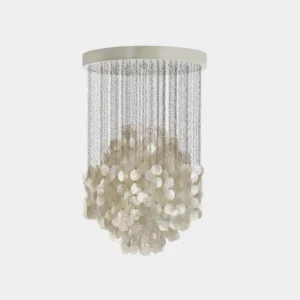 White capiz shell chandelier pendant light with cylindrical metal ceiling mount and natural luxury shell clusters