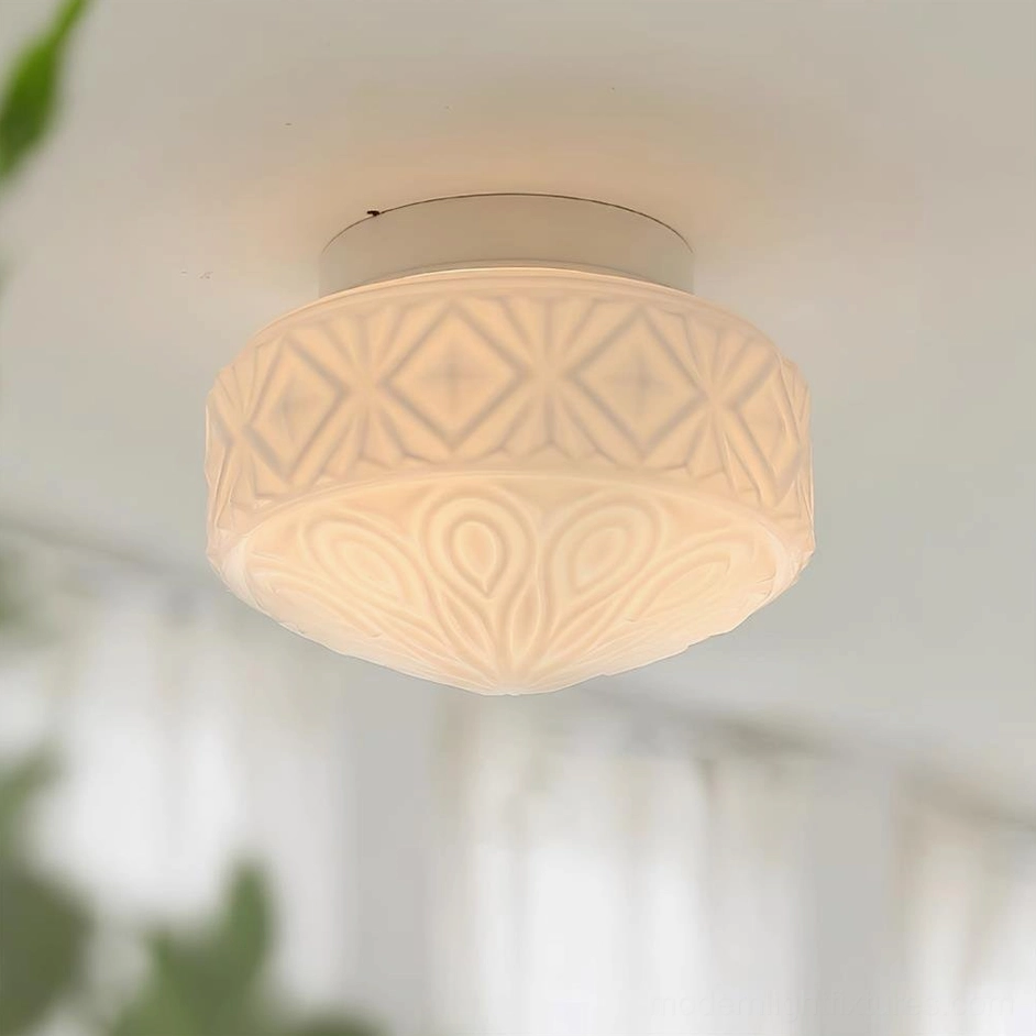 Vintage carved glass ceiling light in white finish with diamond scroll embossing, dimensional detail showcase