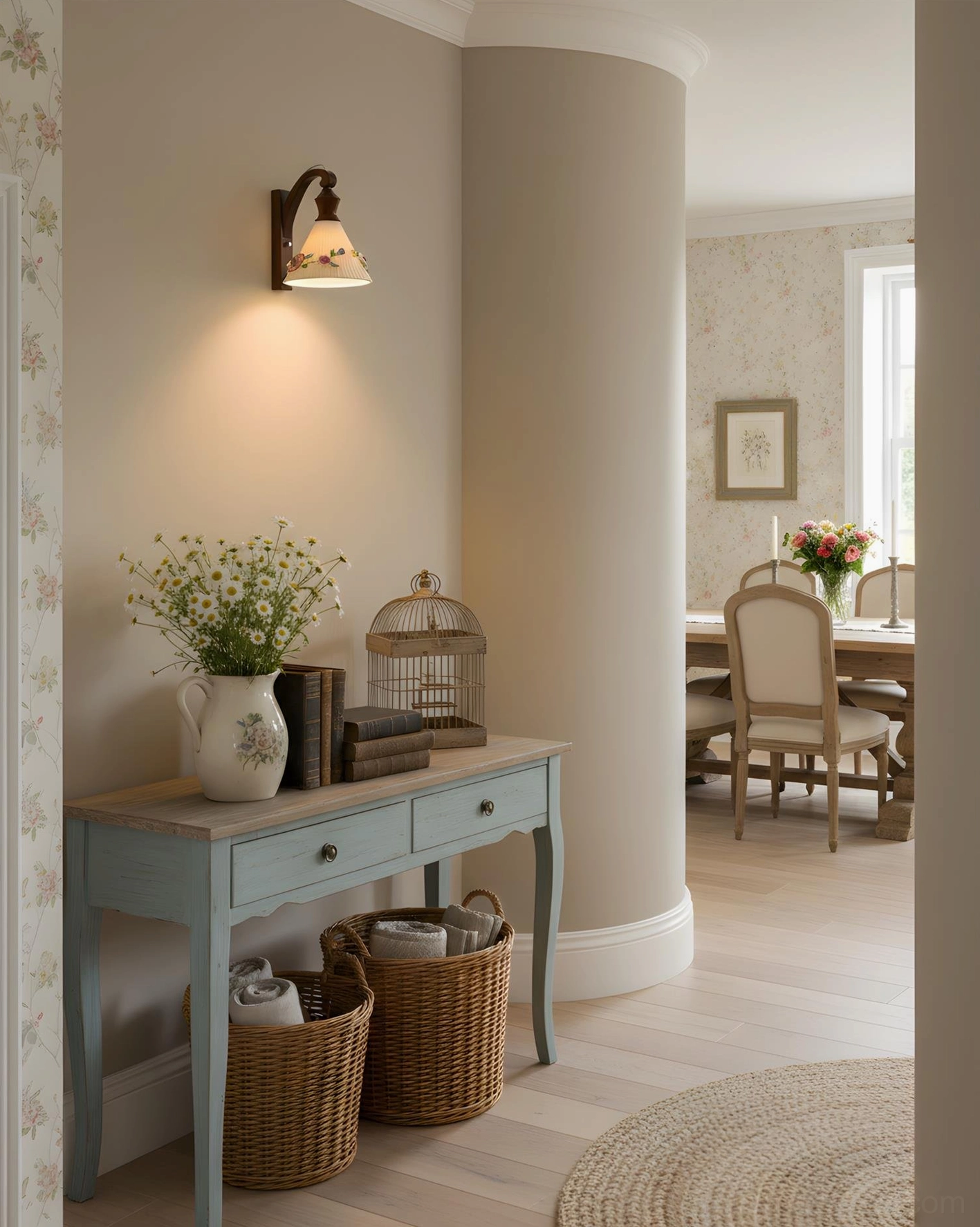 White finish botanical wall sconce with delicate pleated ceramic shade and wooden bracket