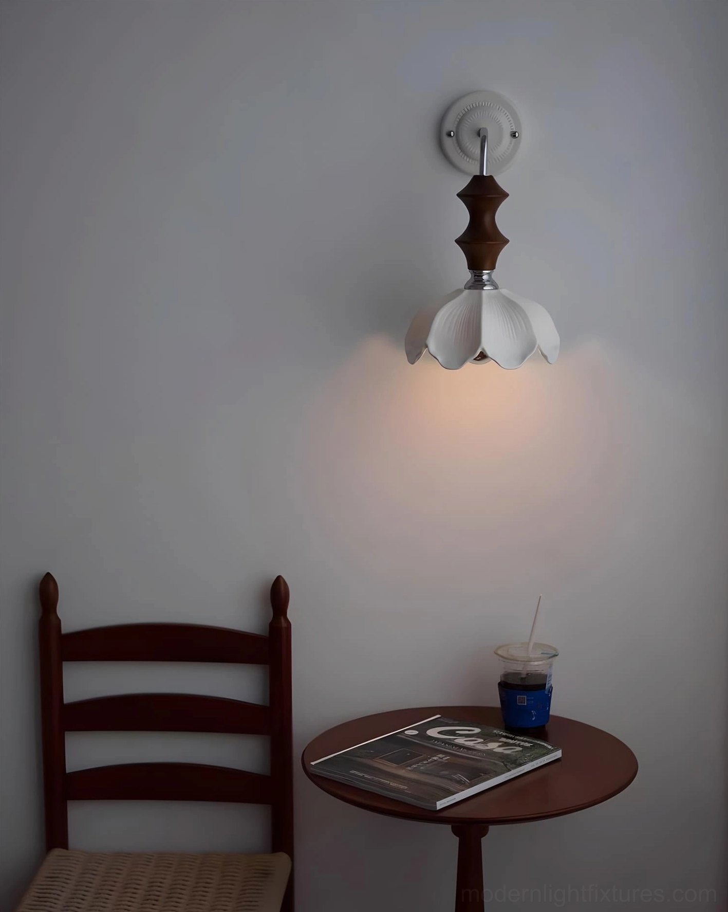 White ceramic petaled flower shade wall sconce with polished chrome hardware architectural lighting