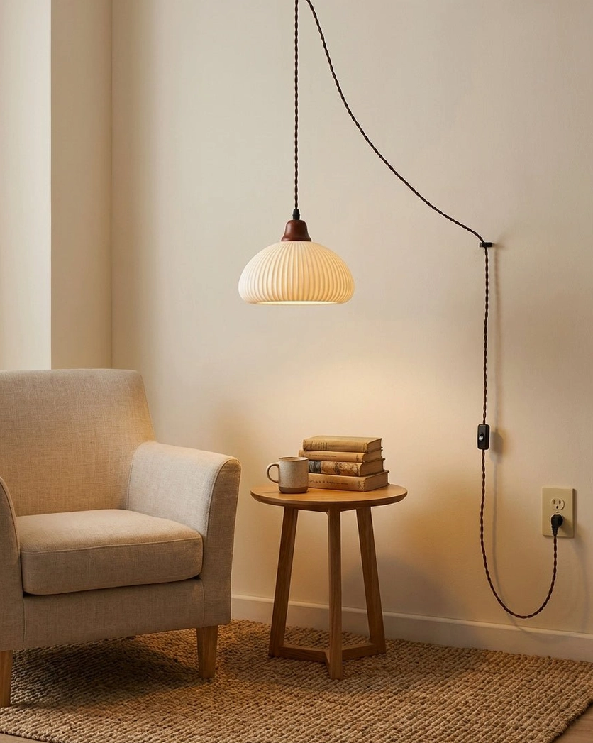 Ceramic plug-in pendant light in living room above side table, paired with modern armchair