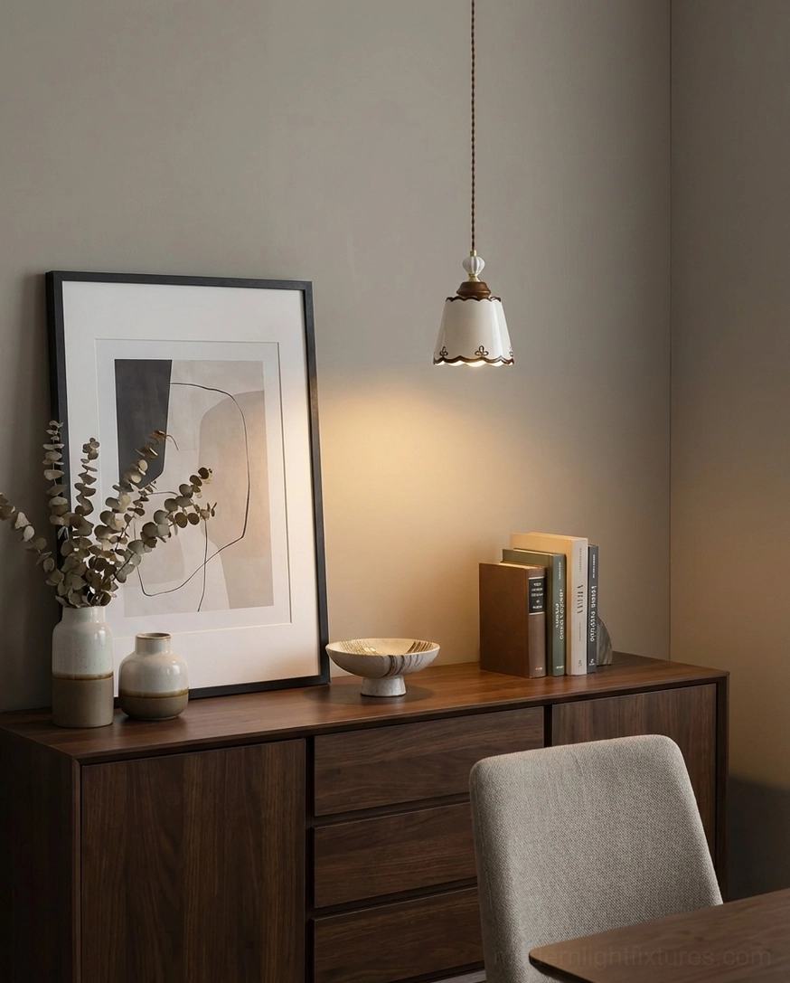 White ceramic pendant light with scalloped brown trim and artistic floral accents in minimalist setting