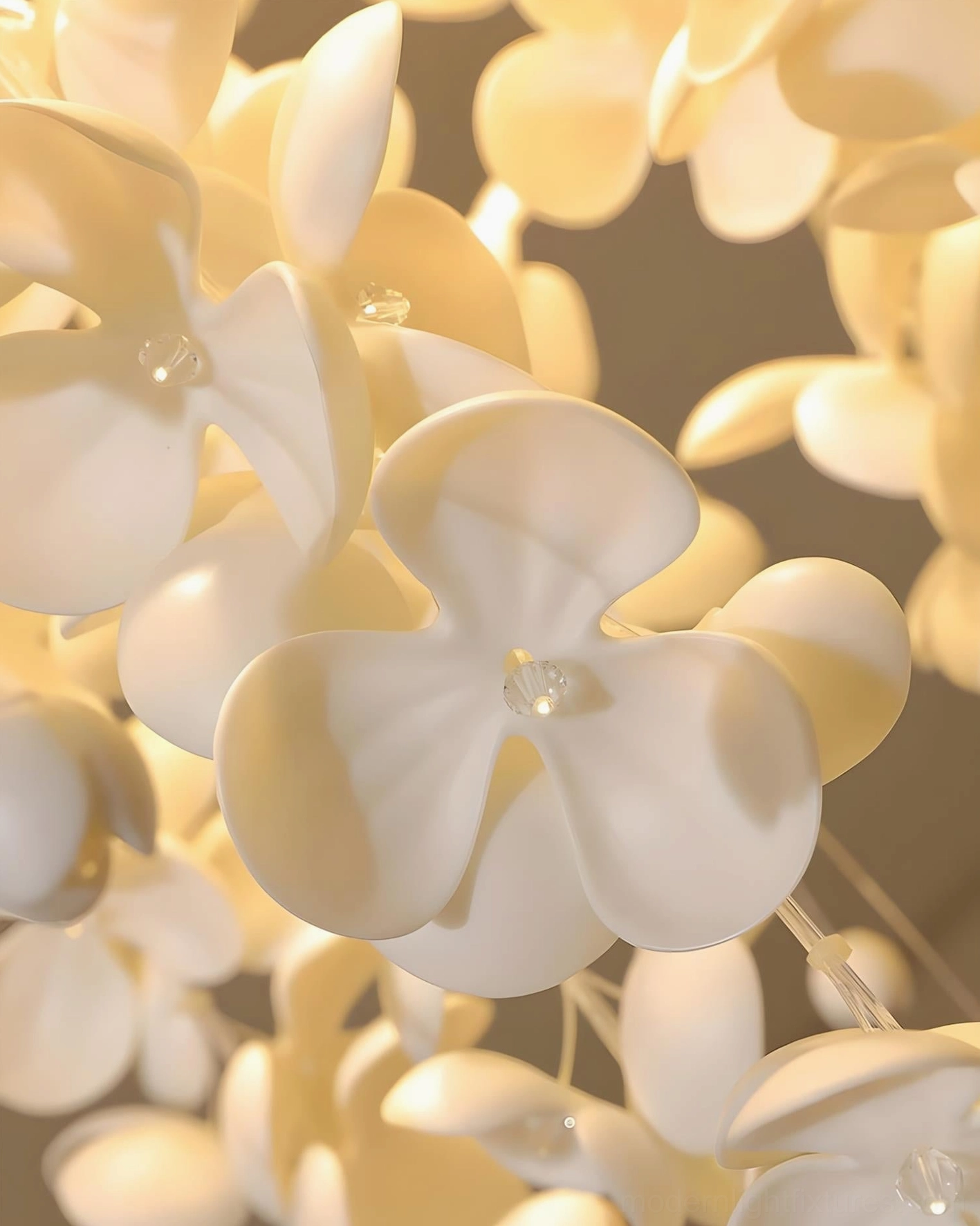 White ceramic petal luxury chandelier architectural fixture showcasing matte flower petals and ambient fiber optic lighting