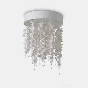 Modern white ceramic petal chandelier with hand-crafted flower petals suspended from circular base, front view against white background