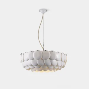 White ceramic shell chandelier front view with organic scalloped disc design and matte finish