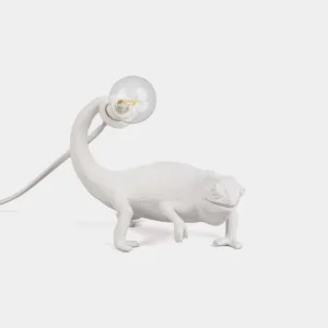 Modern white resin chameleon table lamp front three-quarter view sculptural design
