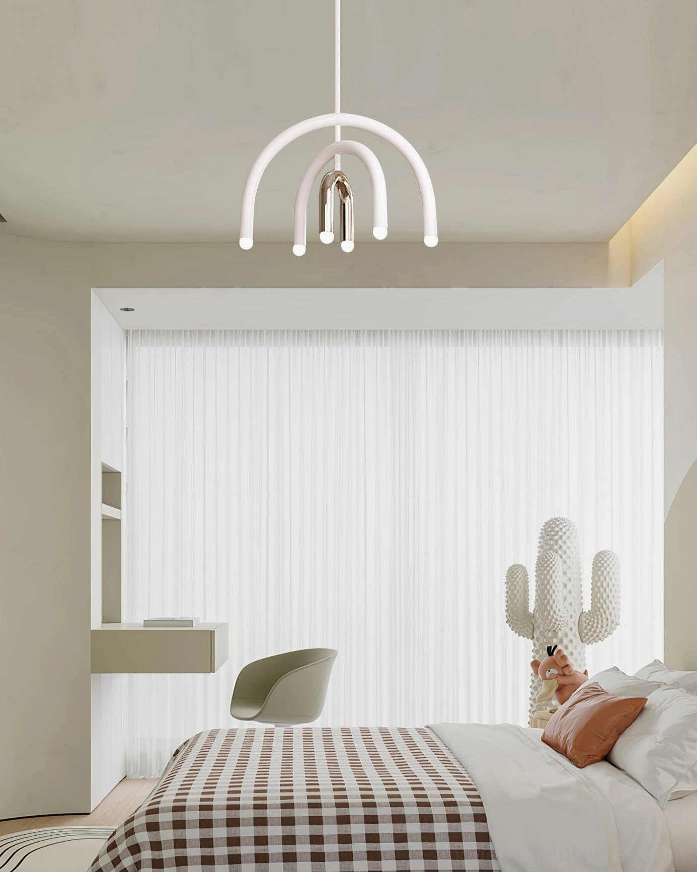 White chrome rainbow pendant light fixture with minimalist metal frame and silver accents