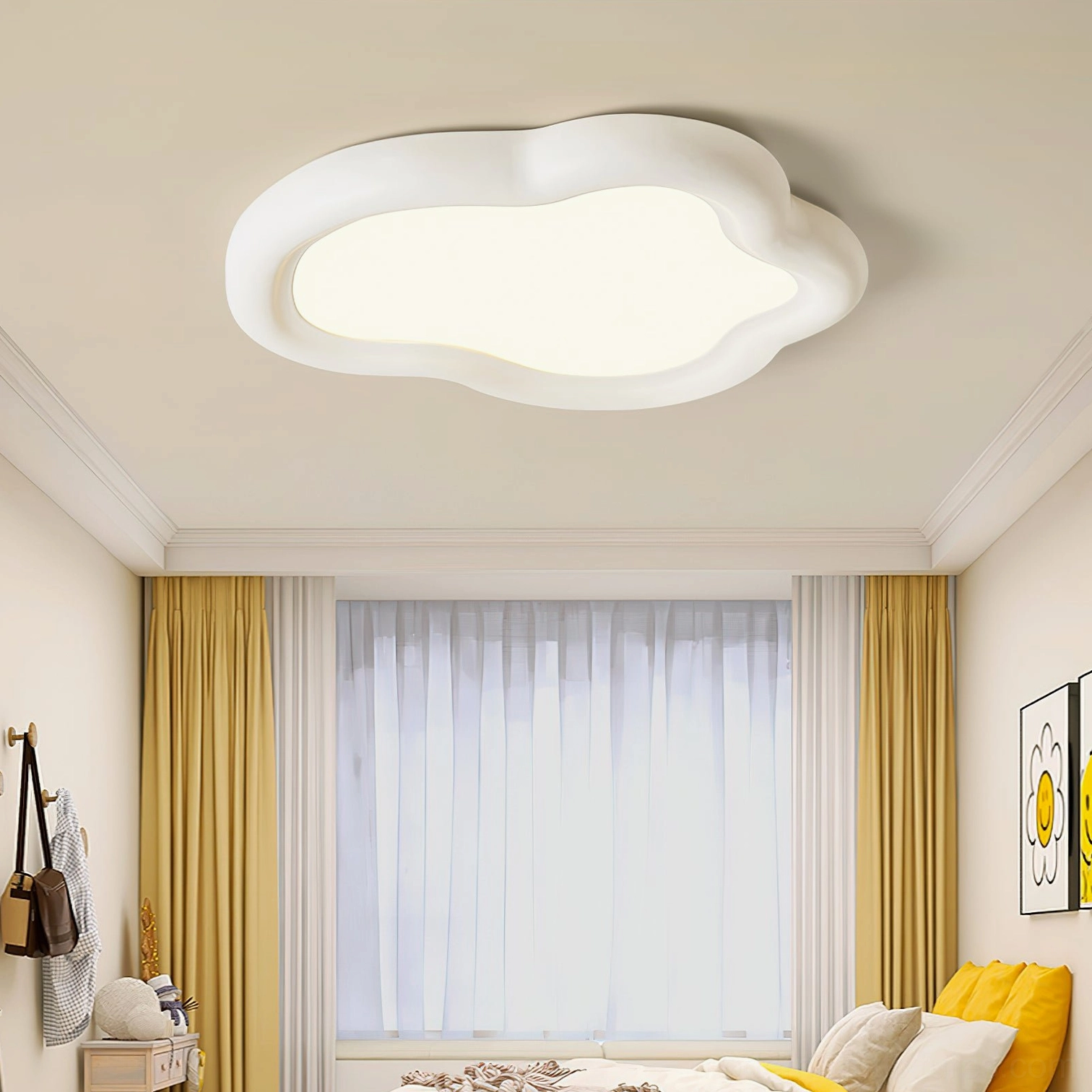 White cloud ceiling light fixture installed on bedroom ceiling with yellow curtains and warm ambient glow
