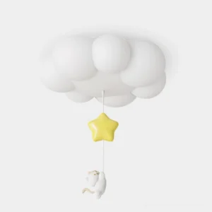 White Meowdream cloud ceiling light with yellow star and kitten pendant, front view studio shot showing matte cloud design