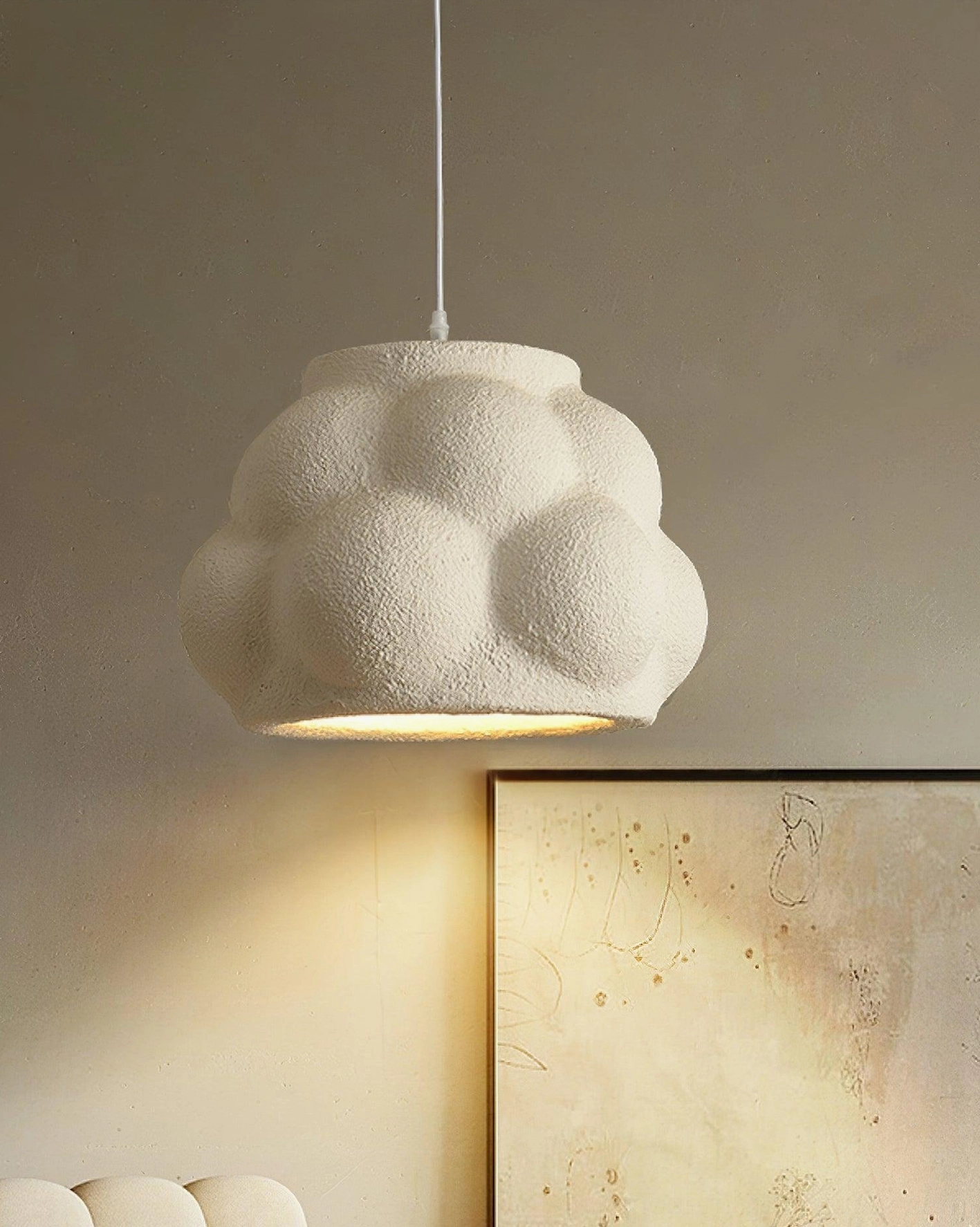 White matte cloud pendant light close-up detail showing segmented bumpy surface finish