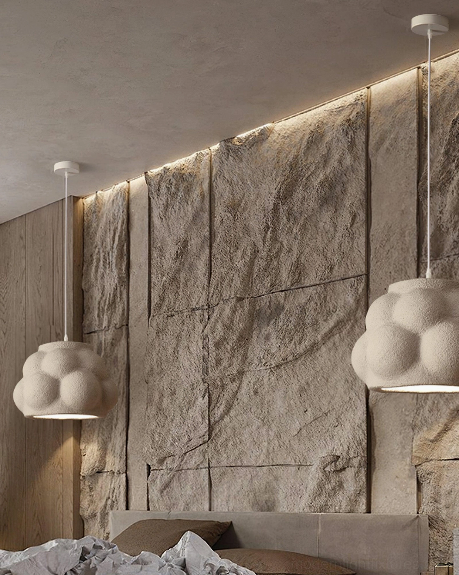 White matte wabi-sabi pendant lamp in modern minimalist bedroom with stone accent wall
