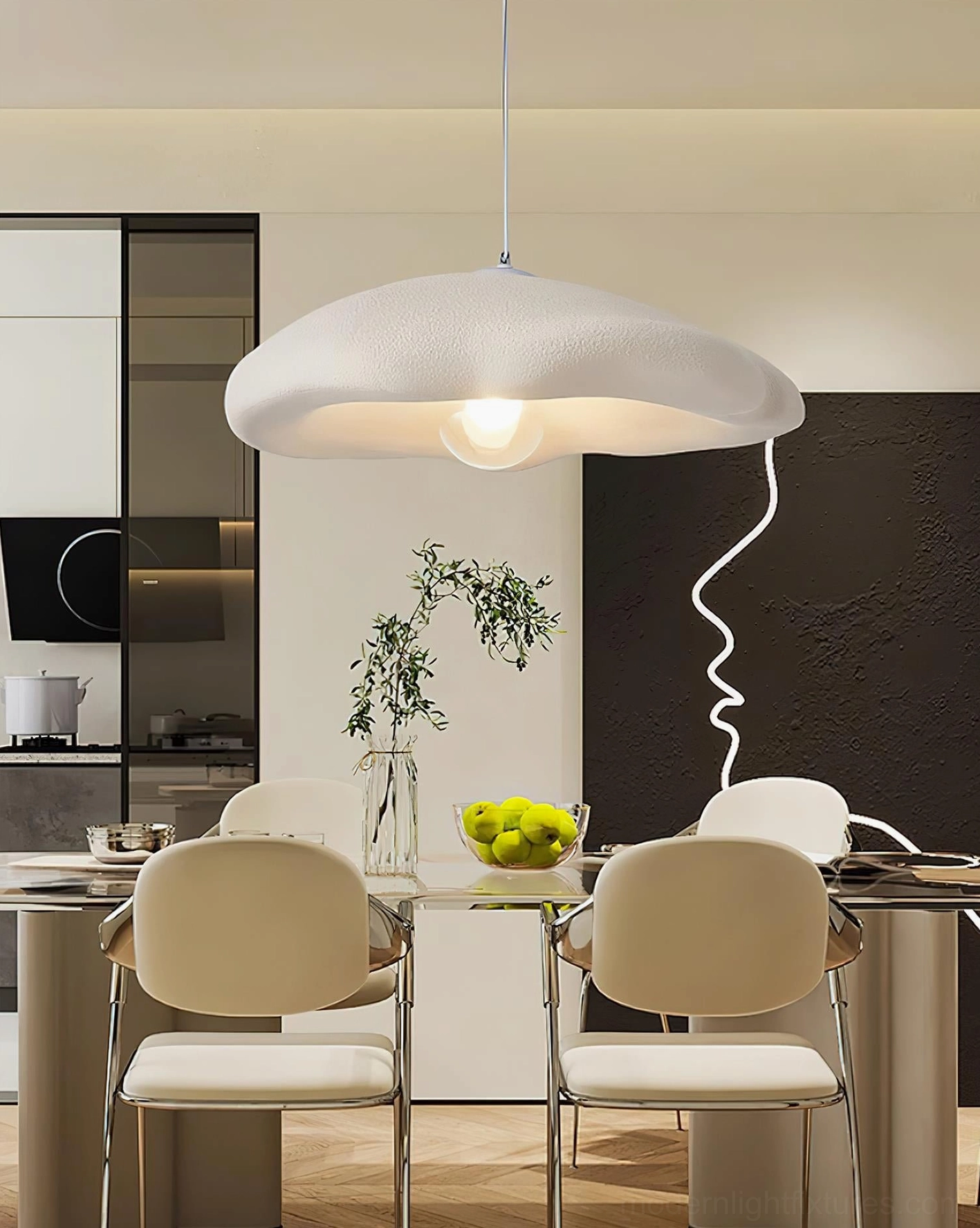 Off-white cloud pendant lamp in open-concept kitchen dining room - modern minimalist setting