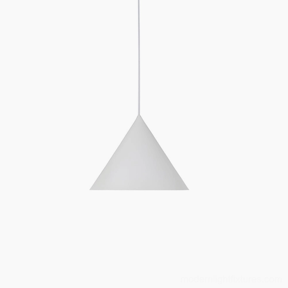 White matte cone pendant light, Scandinavian minimalist metal shade, studio photography
