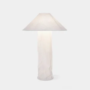 White crinkled paper floor lamp with wide conical shade and sculptural metal base - studio front view