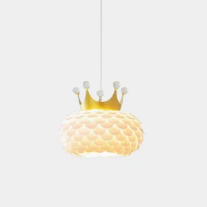 Crystal crown pendant light with scale texture shade in white finish, front view studio photography