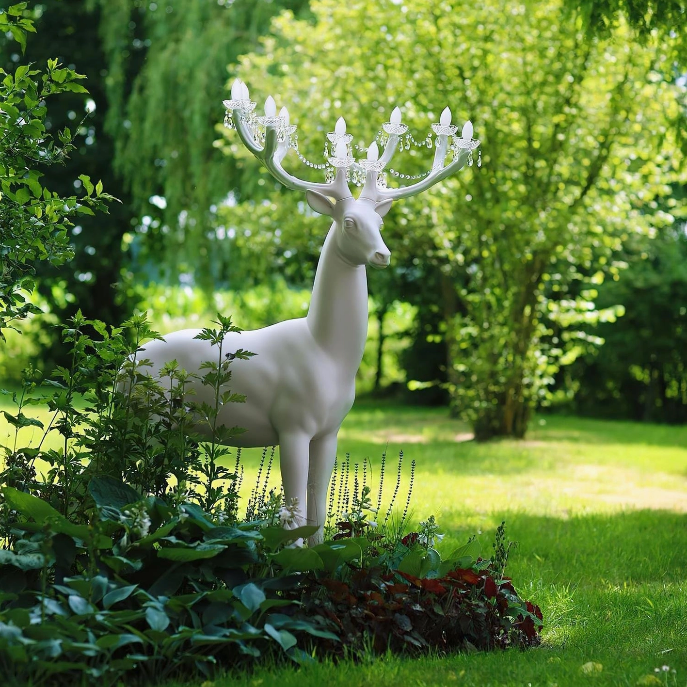 White matte deer sculpture floor lamp with crystal-mounted antler chandelier detail view
