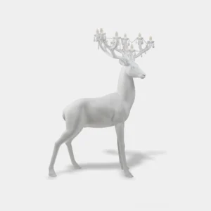White matte deer sculpture floor lamp with crystal-adorned antler chandelier, side profile view