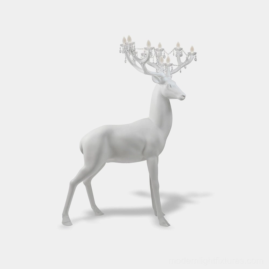 White matte deer sculpture floor lamp with crystal-adorned antler chandelier, side profile view