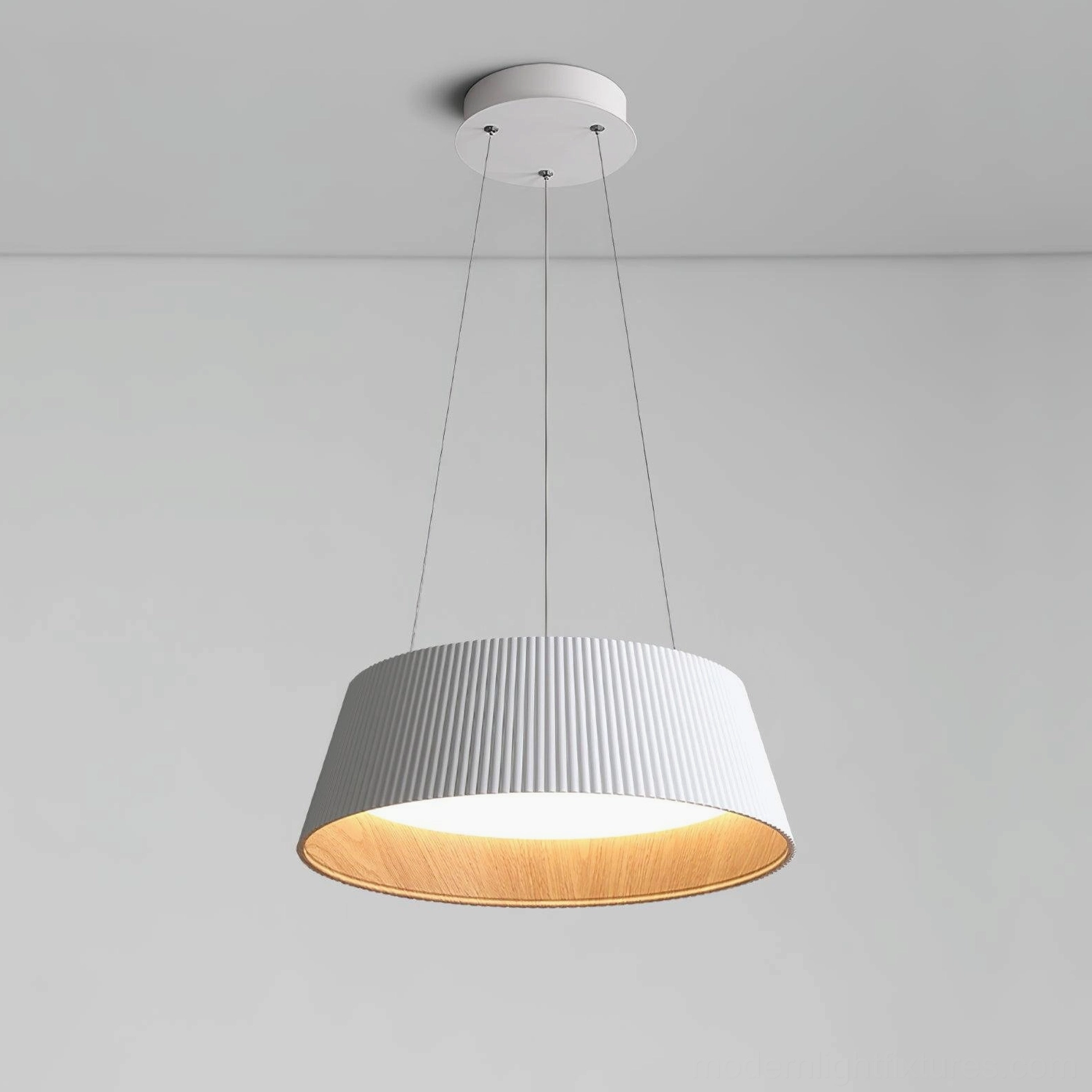 White Delta pleated drum pendant light with hand-applied wood interior trim and acrylic diffuser
