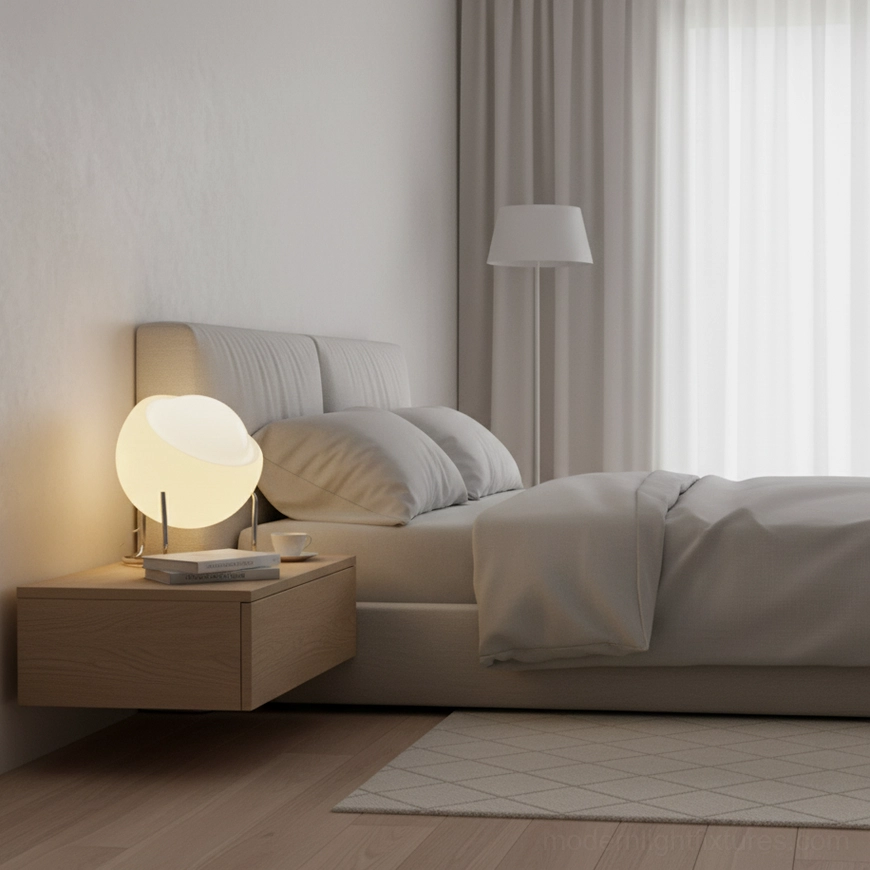 White disc-shaped dome table lamp on wooden nightstand in minimalist modern bedroom with sheer curtains, lit