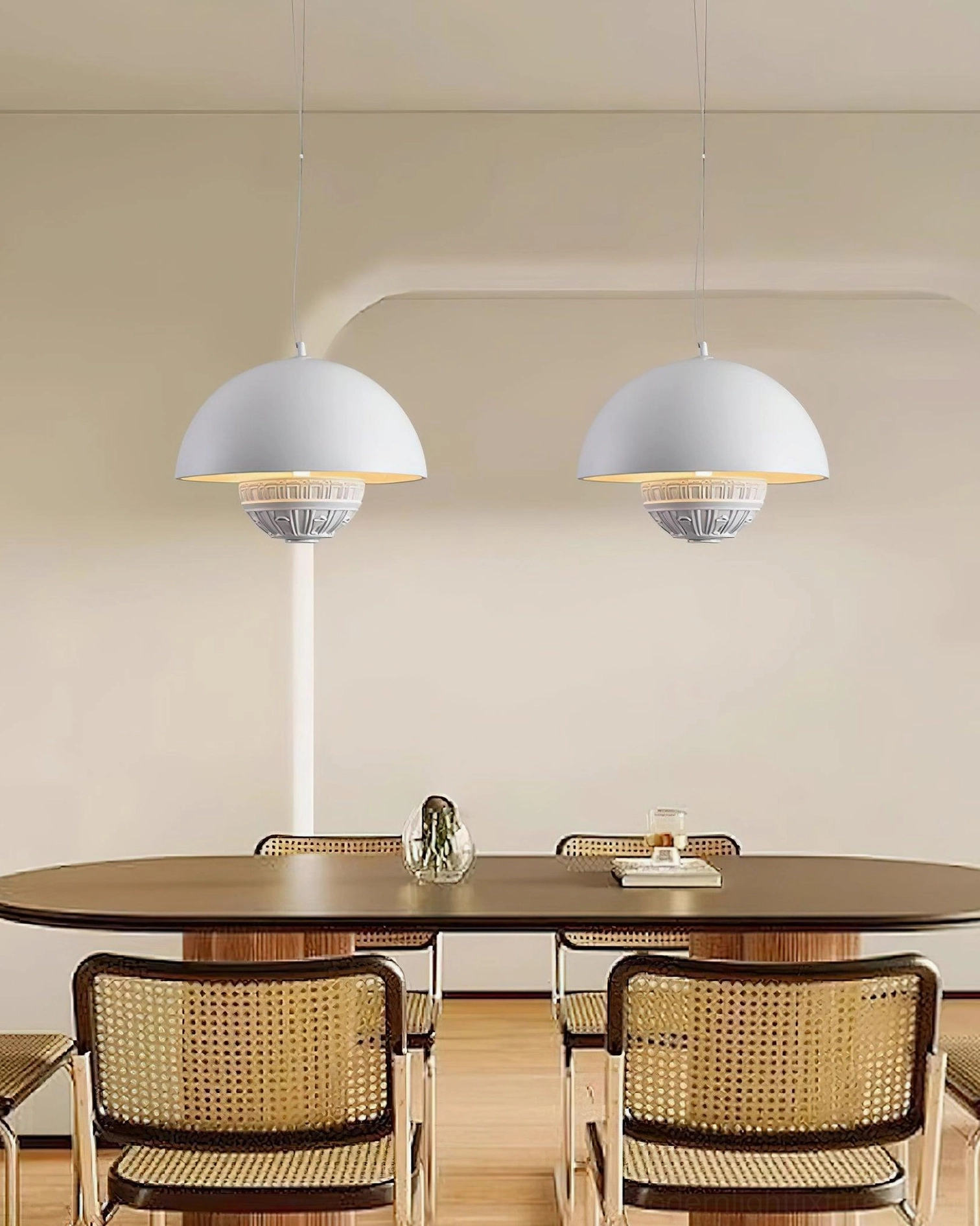 Ofelia white dome pendant light fixture architectural detail and carved base design