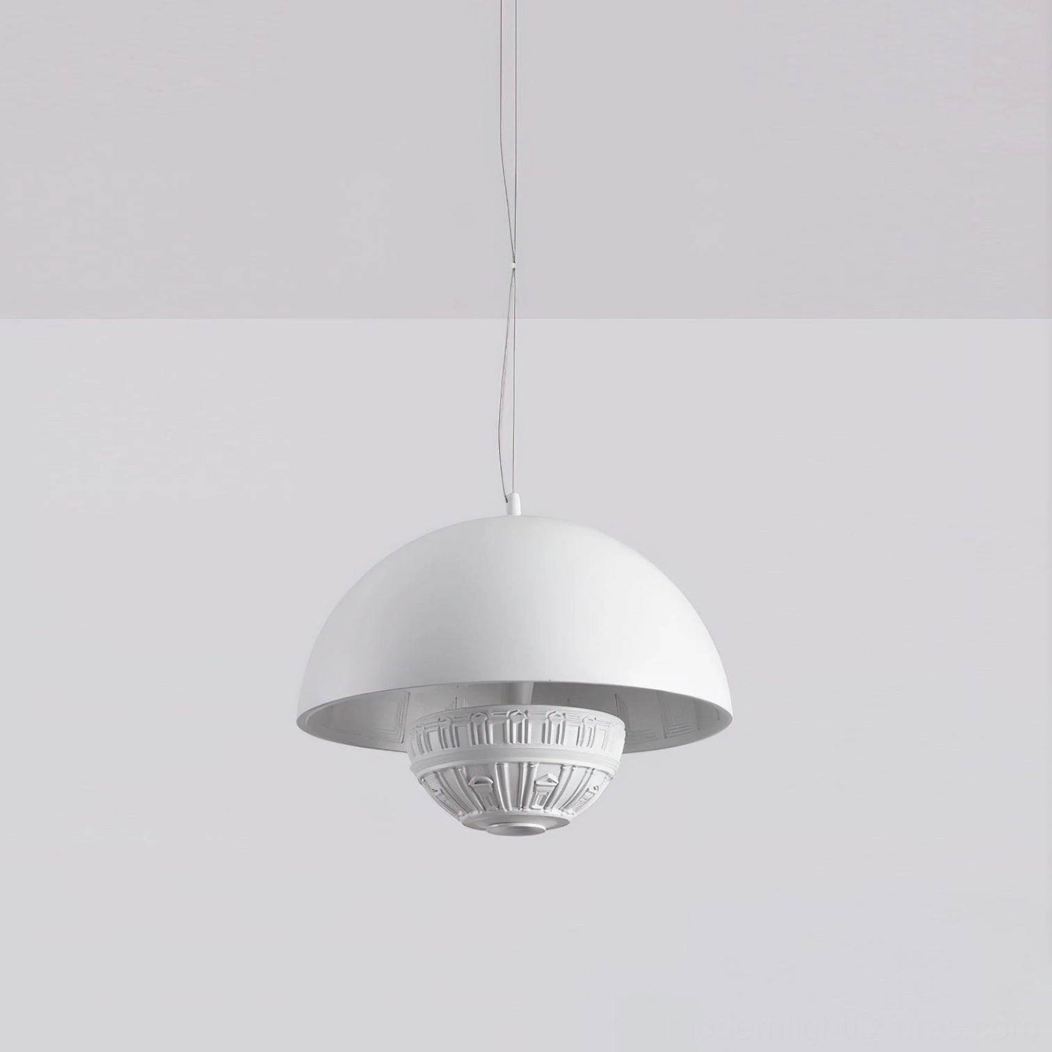 White dome pendant fixture with decorative ring base classical architectural influence