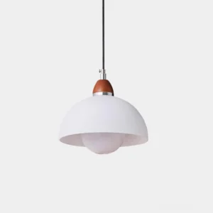 Modern domed pendant light with white matte glass shade and walnut wood top mount, front view with minimalist design