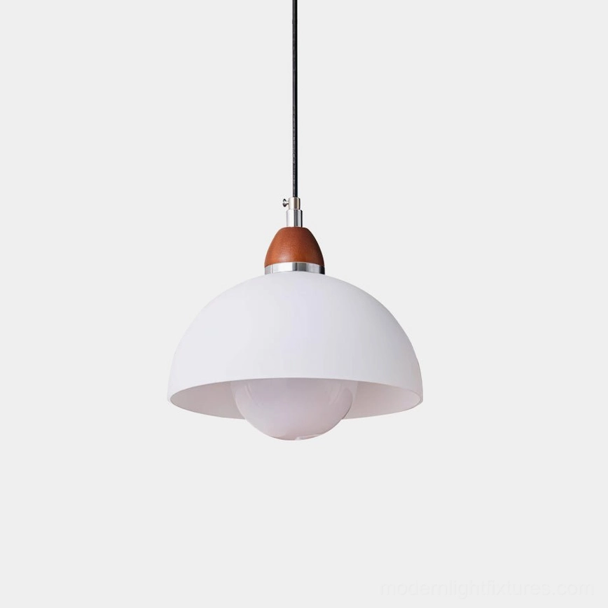 Modern domed pendant light with white matte glass shade and walnut wood top mount, front view with minimalist design